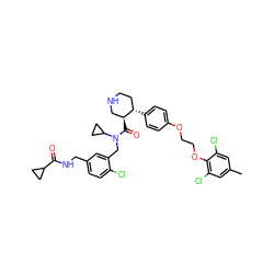 Cc1cc(Cl)c(OCCOc2ccc([C@H]3CCNC[C@@H]3C(=O)N(Cc3cc(CNC(=O)C4CC4)ccc3Cl)C3CC3)cc2)c(Cl)c1 ZINC000072147686