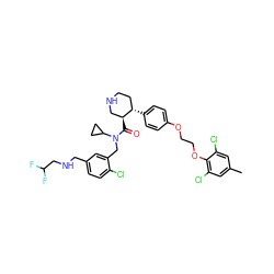 Cc1cc(Cl)c(OCCOc2ccc([C@H]3CCNC[C@@H]3C(=O)N(Cc3cc(CNCC(F)F)ccc3Cl)C3CC3)cc2)c(Cl)c1 ZINC000072147859