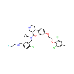 Cc1cc(Cl)c(OCCOc2ccc([C@H]3CCNC[C@@H]3C(=O)N(Cc3cc(CNCCF)ccc3Cl)C3CC3)cc2)c(Cl)c1 ZINC000068077998