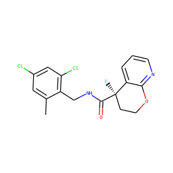 Cc1cc(Cl)cc(Cl)c1CNC(=O)[C@]1(F)CCOc2ncccc21 ZINC000205613895