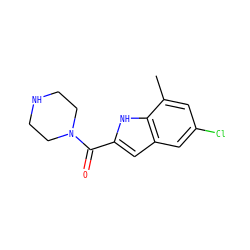 Cc1cc(Cl)cc2cc(C(=O)N3CCNCC3)[nH]c12 ZINC000084671025