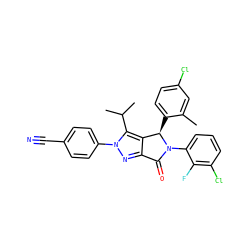 Cc1cc(Cl)ccc1[C@@H]1c2c(nn(-c3ccc(C#N)cc3)c2C(C)C)C(=O)N1c1cccc(Cl)c1F ZINC000206099927