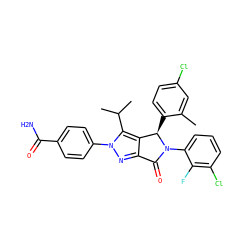 Cc1cc(Cl)ccc1[C@@H]1c2c(nn(-c3ccc(C(N)=O)cc3)c2C(C)C)C(=O)N1c1cccc(Cl)c1F ZINC000206156244