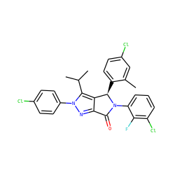 Cc1cc(Cl)ccc1[C@@H]1c2c(nn(-c3ccc(Cl)cc3)c2C(C)C)C(=O)N1c1cccc(Cl)c1F ZINC000206156172
