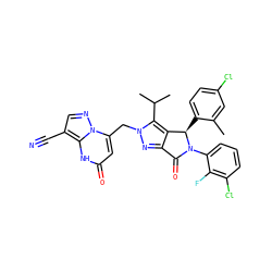 Cc1cc(Cl)ccc1[C@@H]1c2c(nn(Cc3cc(=O)[nH]c4c(C#N)cnn34)c2C(C)C)C(=O)N1c1cccc(Cl)c1F ZINC000261177058