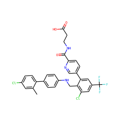 Cc1cc(Cl)ccc1-c1ccc(NCc2c(Cl)cc(C(F)(F)F)cc2-c2ccc(C(=O)NCCC(=O)O)nc2)cc1 ZINC000148101973