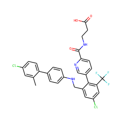 Cc1cc(Cl)ccc1-c1ccc(NCc2cc(Cl)cc(C(F)(F)F)c2-c2ccc(C(=O)NCCC(=O)O)nc2)cc1 ZINC000473101769