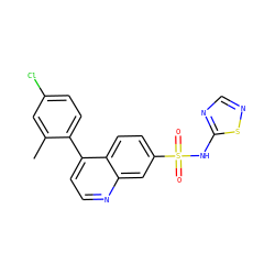 Cc1cc(Cl)ccc1-c1ccnc2cc(S(=O)(=O)Nc3ncns3)ccc12 ZINC000215509529