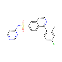 Cc1cc(Cl)ccc1-c1nccc2cc(S(=O)(=O)Nc3ccncn3)ccc12 ZINC000215513335