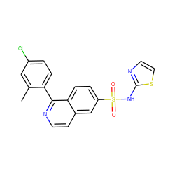 Cc1cc(Cl)ccc1-c1nccc2cc(S(=O)(=O)Nc3nccs3)ccc12 ZINC000225060911