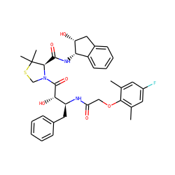 Cc1cc(F)cc(C)c1OCC(=O)N[C@@H](Cc1ccccc1)[C@H](O)C(=O)N1CSC(C)(C)[C@H]1C(=O)N[C@H]1c2ccccc2C[C@H]1O ZINC000049889577
