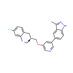 Cc1cc(F)ccc1C[C@H](N)COc1cncc(-c2ccc3[nH]nc(C)c3c2)c1 ZINC000014961704