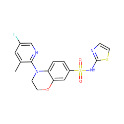Cc1cc(F)cnc1N1CCOc2cc(S(=O)(=O)Nc3nccs3)ccc21 ZINC000220248012