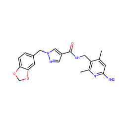 Cc1cc(N)nc(C)c1CNC(=O)c1cnn(Cc2ccc3c(c2)OCO3)c1 ZINC000114077853