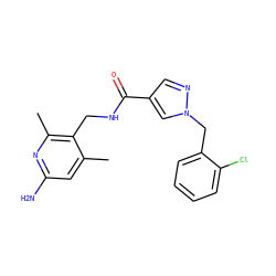 Cc1cc(N)nc(C)c1CNC(=O)c1cnn(Cc2ccccc2Cl)c1 ZINC000114079901