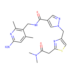Cc1cc(N)nc(C)c1CNC(=O)c1cnn(Cc2csc(CC(=O)N(C)C)n2)c1 ZINC000114079259