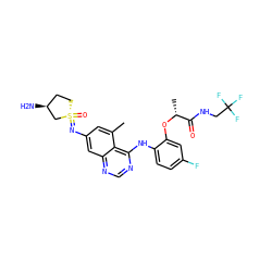 Cc1cc(N=[S@@]2(=O)CC[C@H](N)C2)cc2ncnc(Nc3ccc(F)cc3O[C@H](C)C(=O)NCC(F)(F)F)c12 ZINC001772647568