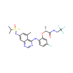Cc1cc(N=[S@](C)(=O)C(C)C)cc2ncnc(Nc3ccc(F)cc3O[C@H](C)C(=O)NCC(F)(F)F)c12 ZINC001772598820