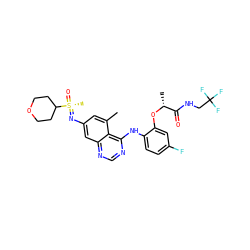 Cc1cc(N=[S@](C)(=O)C2CCOCC2)cc2ncnc(Nc3ccc(F)cc3O[C@H](C)C(=O)NCC(F)(F)F)c12 ZINC001772597455