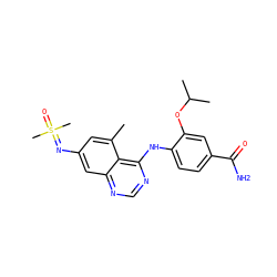 Cc1cc(N=S(C)(C)=O)cc2ncnc(Nc3ccc(C(N)=O)cc3OC(C)C)c12 ZINC001772604611