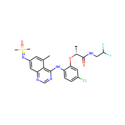 Cc1cc(N=S(C)(C)=O)cc2ncnc(Nc3ccc(Cl)cc3O[C@H](C)C(=O)NCC(F)F)c12 ZINC001772643381