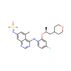 Cc1cc(N=S(C)(C)=O)cc2ncnc(Nc3ccc(F)cc3O[C@@H](C)CC3CCOCC3)c12 ZINC001772588361
