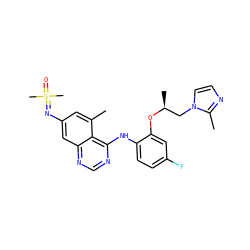 Cc1cc(N=S(C)(C)=O)cc2ncnc(Nc3ccc(F)cc3O[C@@H](C)Cn3ccnc3C)c12 ZINC001772606066