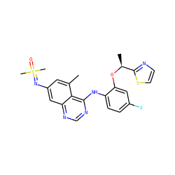 Cc1cc(N=S(C)(C)=O)cc2ncnc(Nc3ccc(F)cc3O[C@@H](C)c3nccs3)c12 ZINC001772609858
