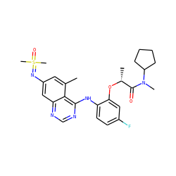 Cc1cc(N=S(C)(C)=O)cc2ncnc(Nc3ccc(F)cc3O[C@H](C)C(=O)N(C)C3CCCC3)c12 ZINC001772651724