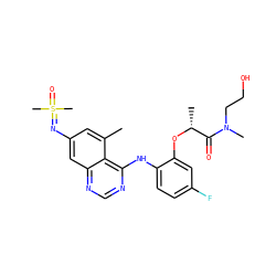 Cc1cc(N=S(C)(C)=O)cc2ncnc(Nc3ccc(F)cc3O[C@H](C)C(=O)N(C)CCO)c12 ZINC001772649348