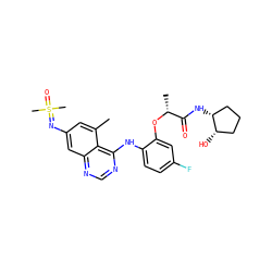 Cc1cc(N=S(C)(C)=O)cc2ncnc(Nc3ccc(F)cc3O[C@H](C)C(=O)N[C@@H]3CCC[C@@H]3O)c12 ZINC001772578146