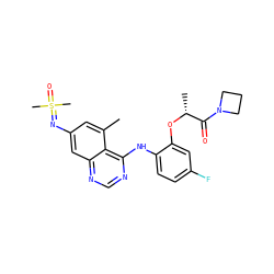 Cc1cc(N=S(C)(C)=O)cc2ncnc(Nc3ccc(F)cc3O[C@H](C)C(=O)N3CCC3)c12 ZINC001772653729