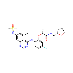 Cc1cc(N=S(C)(C)=O)cc2ncnc(Nc3ccc(F)cc3O[C@H](C)C(=O)NC[C@@H]3CCCO3)c12 ZINC001772655992