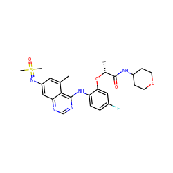 Cc1cc(N=S(C)(C)=O)cc2ncnc(Nc3ccc(F)cc3O[C@H](C)C(=O)NC3CCOCC3)c12 ZINC001772610858