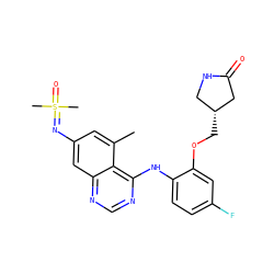 Cc1cc(N=S(C)(C)=O)cc2ncnc(Nc3ccc(F)cc3OC[C@@H]3CNC(=O)C3)c12 ZINC001772656202