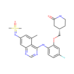 Cc1cc(N=S(C)(C)=O)cc2ncnc(Nc3ccc(F)cc3OC[C@H]3CCNC(=O)C3)c12 ZINC001772587138