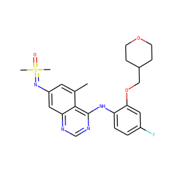 Cc1cc(N=S(C)(C)=O)cc2ncnc(Nc3ccc(F)cc3OCC3CCOCC3)c12 ZINC001772635980