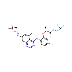 Cc1cc(N=S2(=O)CC(C)(C)C2)cc2ncnc(Nc3ccc(F)cc3O[C@H](C)C(=O)NCC(F)(F)F)c12 ZINC001772579653