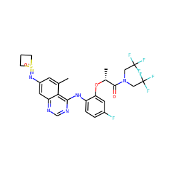 Cc1cc(N=S2(=O)CCC2)cc2ncnc(Nc3ccc(F)cc3O[C@H](C)C(=O)N(CC(F)(F)F)CC(F)(F)F)c12 ZINC001772574154