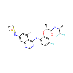 Cc1cc(N=S2(=O)CCC2)cc2ncnc(Nc3ccc(F)cc3O[C@H](C)C(=O)N[C@H](C)C(F)F)c12 ZINC001772574167