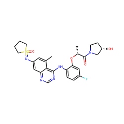Cc1cc(N=S2(=O)CCCC2)cc2ncnc(Nc3ccc(F)cc3O[C@H](C)C(=O)N3CC[C@H](O)C3)c12 ZINC001772588061