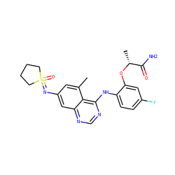Cc1cc(N=S2(=O)CCCC2)cc2ncnc(Nc3ccc(F)cc3O[C@H](C)C(N)=O)c12 ZINC001772599722