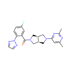 Cc1cc(N2C[C@H]3CN(C(=O)c4cc(F)ccc4-n4nccn4)C[C@H]3C2)nc(C)n1 ZINC000116822173