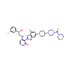 Cc1cc(N2CCC(N3CCN(C(=O)N4CCOCC4)CC3)CC2)cc2[nH]c(-c3c(NC[C@@H](O)c4cccc(Cl)c4)cc[nH]c3=O)nc12 ZINC000049844787