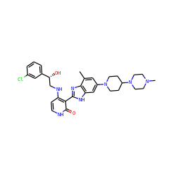 Cc1cc(N2CCC(N3CCN(C)CC3)CC2)cc2[nH]c(-c3c(NC[C@@H](O)c4cccc(Cl)c4)cc[nH]c3=O)nc12 ZINC000044351693