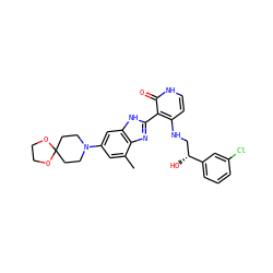 Cc1cc(N2CCC3(CC2)OCCO3)cc2[nH]c(-c3c(NC[C@@H](O)c4cccc(Cl)c4)cc[nH]c3=O)nc12 ZINC000049872045