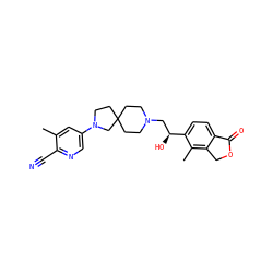 Cc1cc(N2CCC3(CCN(C[C@H](O)c4ccc5c(c4C)COC5=O)CC3)C2)cnc1C#N ZINC000473136537