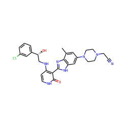 Cc1cc(N2CCN(CC#N)CC2)cc2[nH]c(-c3c(NC[C@@H](O)c4cccc(Cl)c4)cc[nH]c3=O)nc12 ZINC000049088922