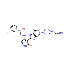Cc1cc(N2CCN(CCC#N)CC2)cc2[nH]c(-c3c(NC[C@@H](O)c4cccc(Cl)c4)cc[nH]c3=O)nc12 ZINC000049784857