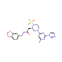 Cc1cc(N2CCN(S(C)(=O)=O)[C@H](CC(=O)NCc3ccc4c(c3)OCO4)C2)nc(-n2ccnc2)n1 ZINC000035275910
